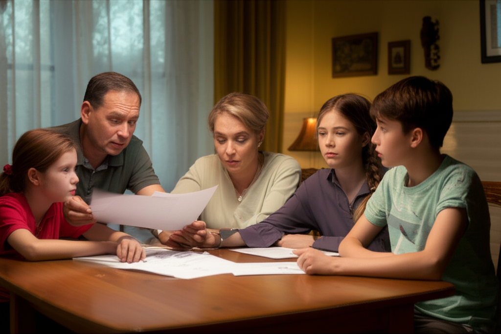 Обычная семья изучает договор за кухонным столом, испытывая затруднения с пониманием юридических терминов